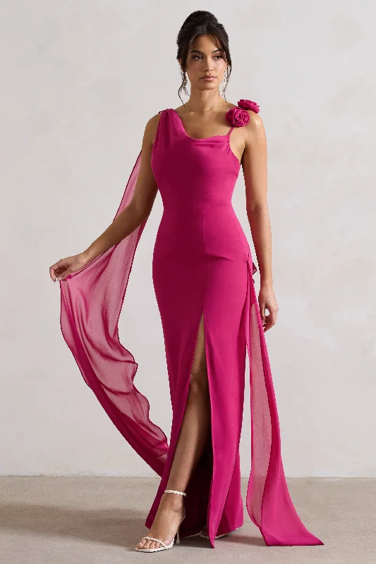 Angeline | Dark Pink Chiffon Draped Split Maxi Dress With Corsages