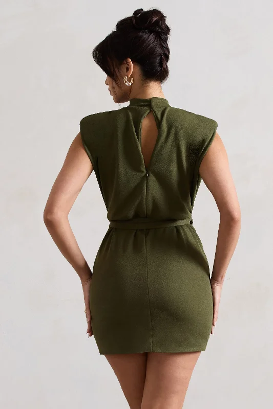 Asher | Olive High-Neck Mini Dress With Tie Waist