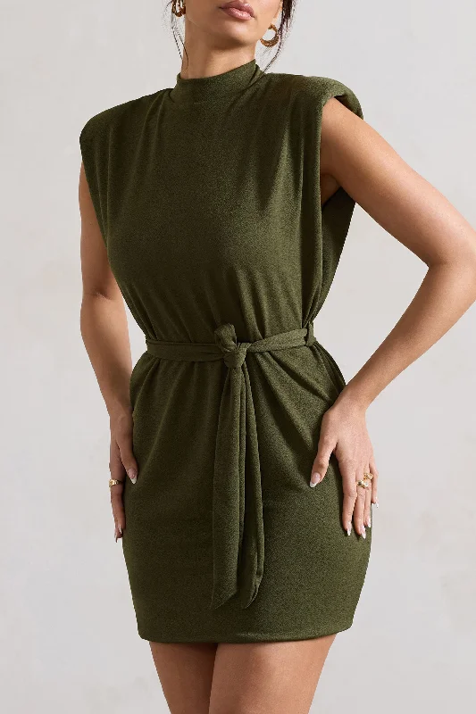 Asher | Olive High-Neck Mini Dress With Tie Waist