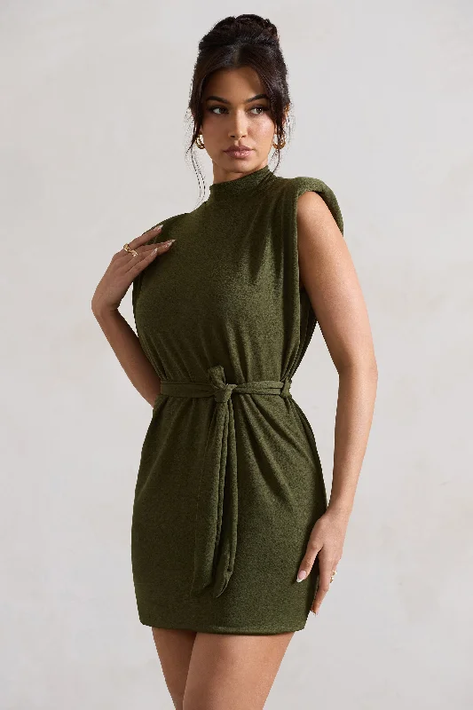 Asher | Olive High-Neck Mini Dress With Tie Waist