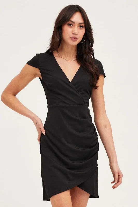 Black Bodycon Dress Short Sleeve Mini V Neck