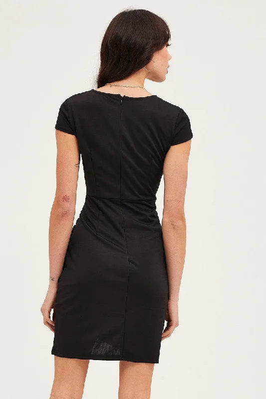 Black Bodycon Dress Short Sleeve Mini V Neck