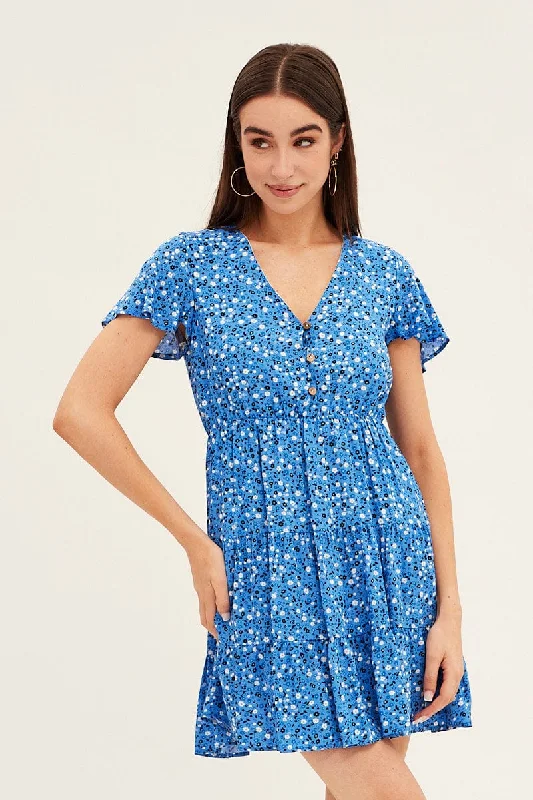 Blue Floral Button Front Short Sleeve Mini Skater Dress