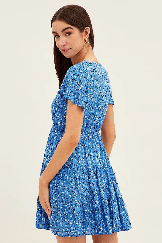 Blue Floral Button Front Short Sleeve Mini Skater Dress