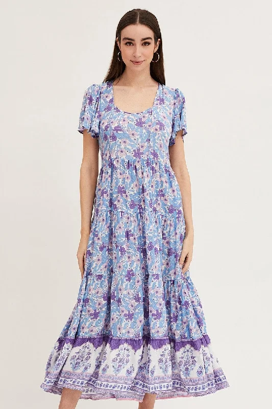 Boho Print Hem Frill Dress Short Sleeve Maxi Square Neck