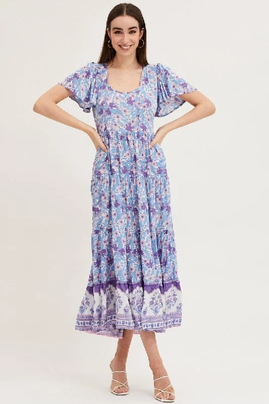 Boho Print Hem Frill Dress Short Sleeve Maxi Square Neck