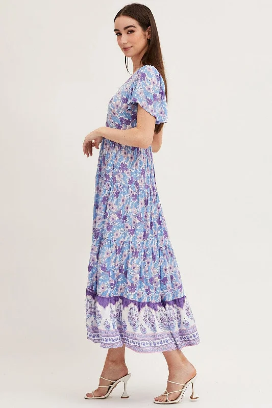 Boho Print Hem Frill Dress Short Sleeve Maxi Square Neck