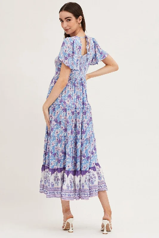 Boho Print Hem Frill Dress Short Sleeve Maxi Square Neck