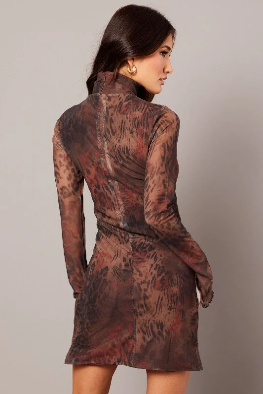 Brown Abstract Bodycon Dress High Neck Mini Long Sleeve