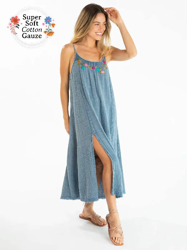 Cosette Embroidered Cotton Maxi Dress - Denim