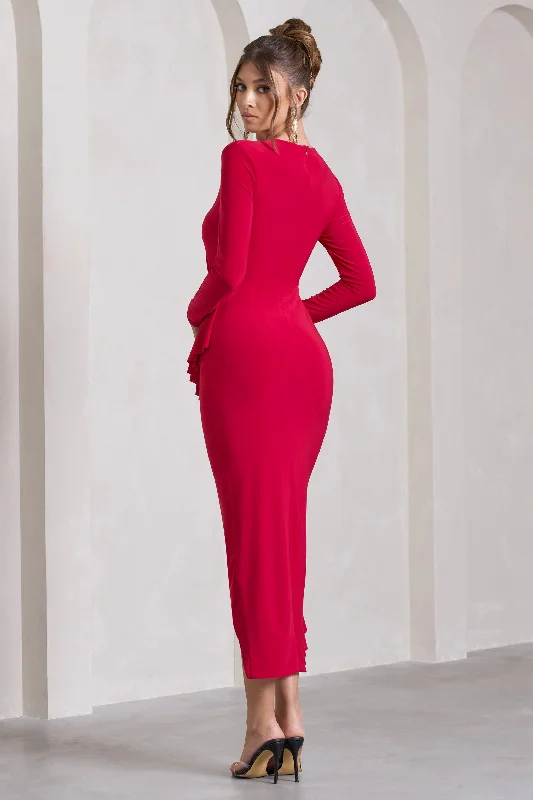 Dolce Vita | Red Long-Sleeve Ruffle Asymmetric Split Midi Dress