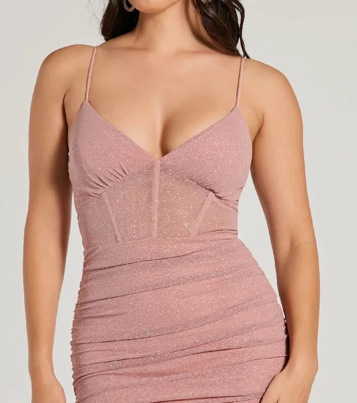 Patsy V-Neck Corset Slim Glitter Mesh Formal Dress