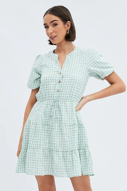 Green Check Shirt Dress Short Sleeve Tiered