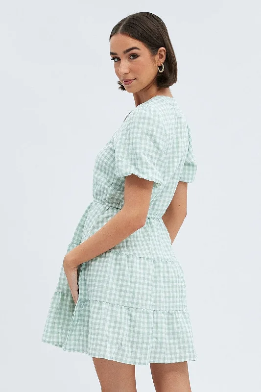 Green Check Shirt Dress Short Sleeve Tiered