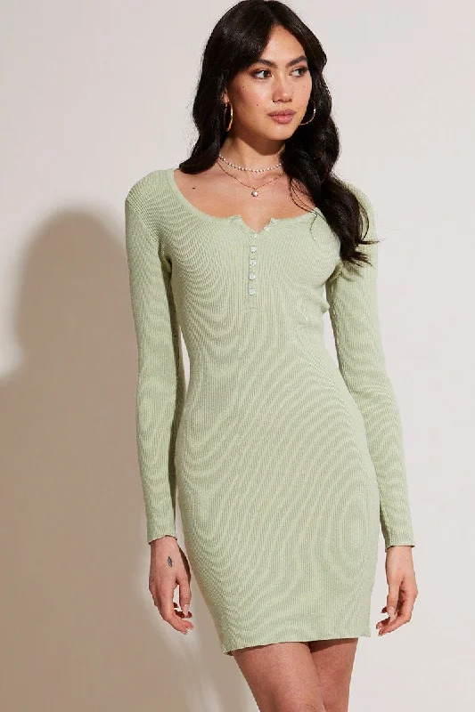 Green Knit Dress Long Sleeve Bodycon