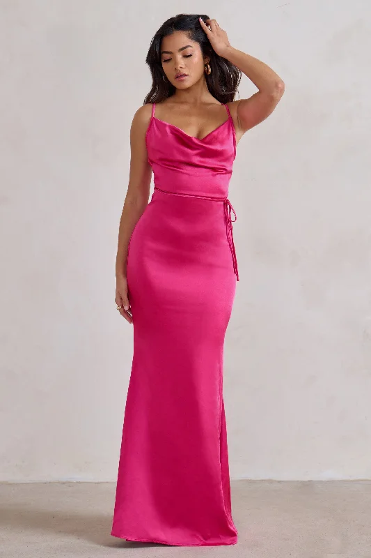 Lifetime | Fuchsia Pink Satin Cowl Neck Maxi Dress With Cross Back Detail