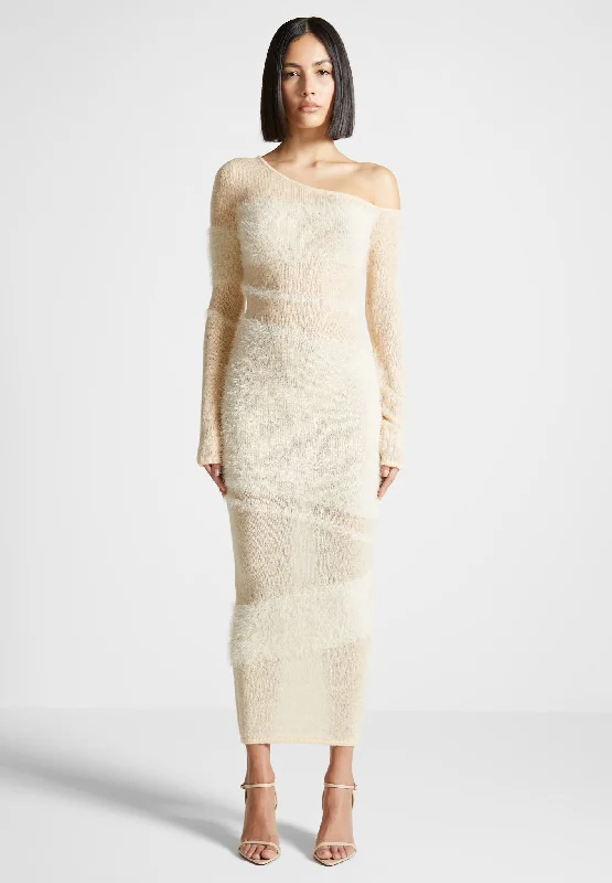 Off Shoulder Knitted Maxi Dress - Beige