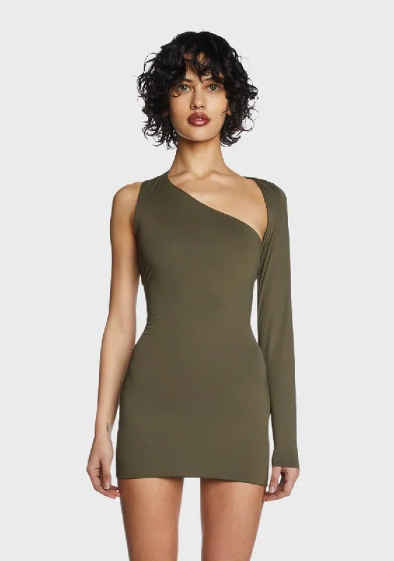 Olive One-Shoulder Cut-Out Mini Dress