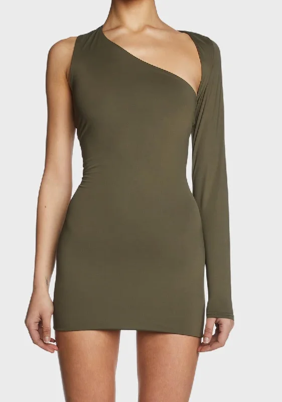 Olive One-Shoulder Cut-Out Mini Dress