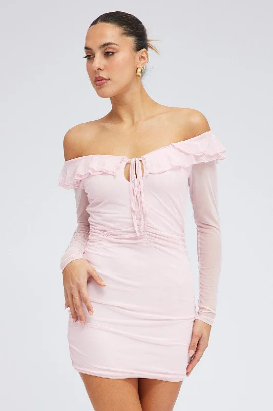 Pink Mini Dress Long Sleeve Off Shoulder Frill Mesh