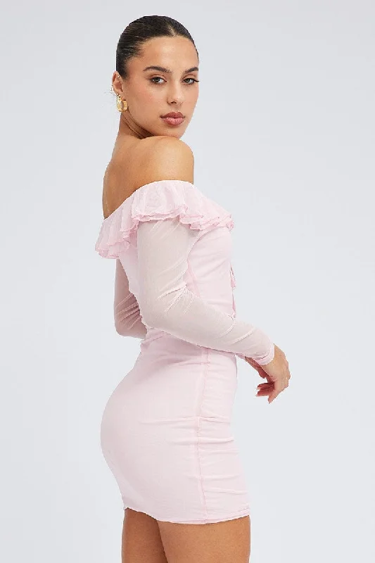 Pink Mini Dress Long Sleeve Off Shoulder Frill Mesh