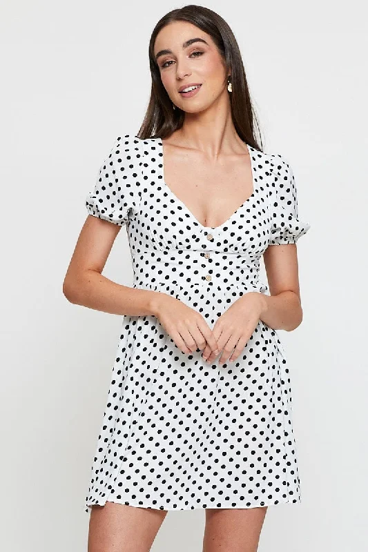 Polka Dot Mini Dress Short Sleeve Sweetheart Neckline