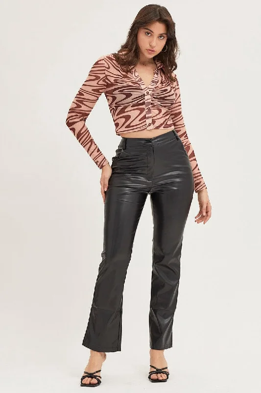 Abstract Print Top Long Sleeve Mesh