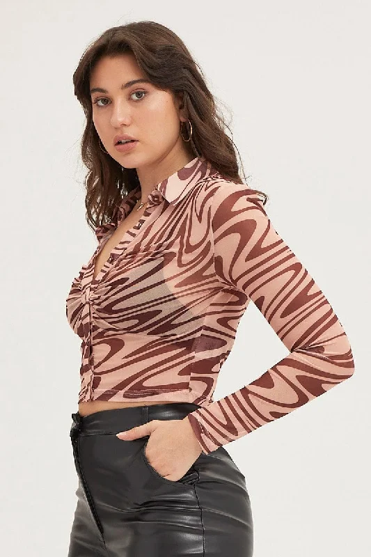 Abstract Print Top Long Sleeve Mesh