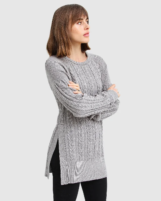 At Last Cable Knit Jumper With Slit - Grey Marle