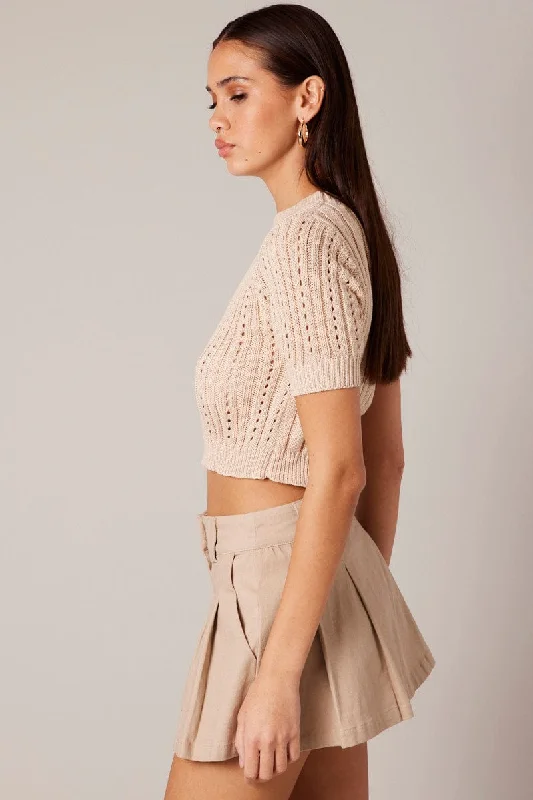 Beige Knit Top Crew Neck Short Sleeves Cropped