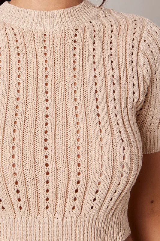 Beige Knit Top Crew Neck Short Sleeves Cropped