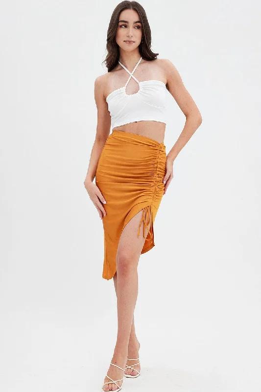 Beige Ruched Midi Skirt