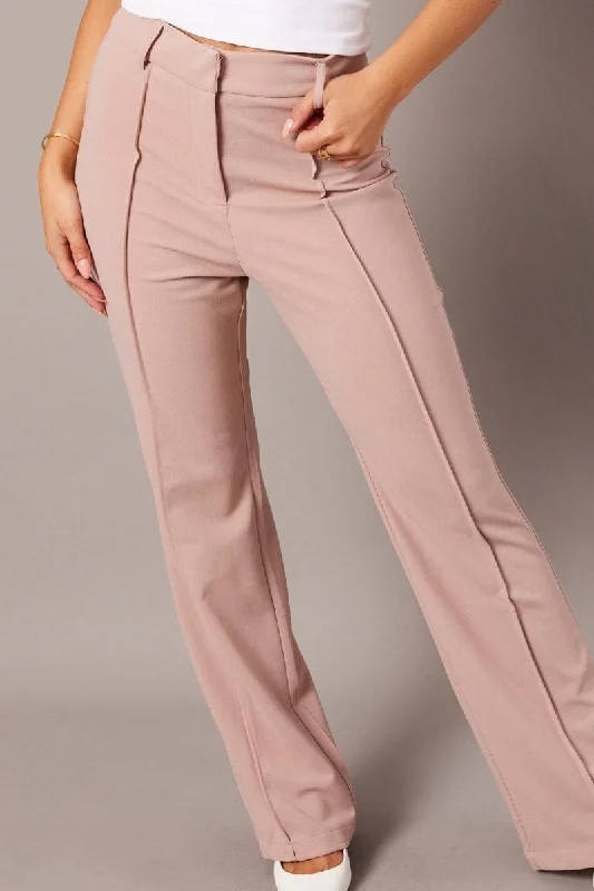 Beige Straight Fit Pants High Rise Workwear