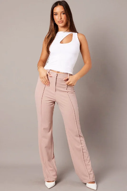 Beige Straight Fit Pants High Rise Workwear