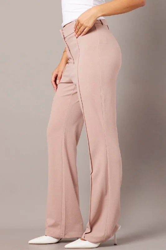 Beige Straight Fit Pants High Rise Workwear