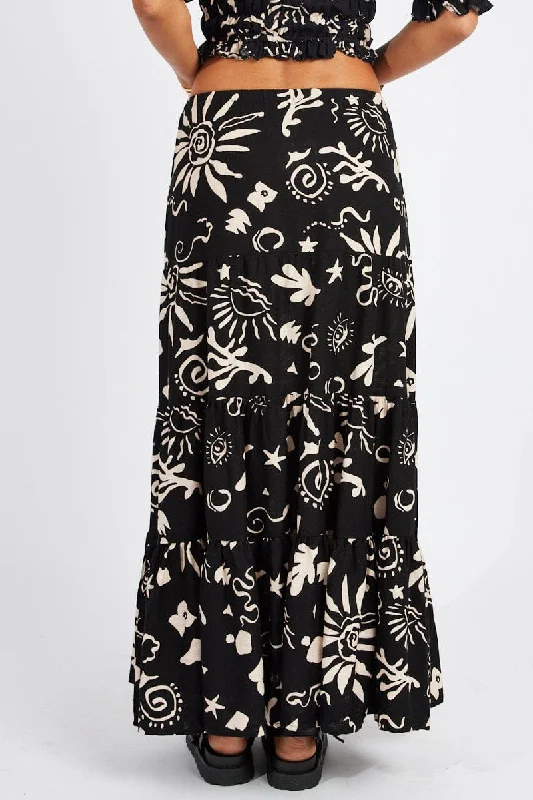 Black Abstract Maxi Skirt High Rise Linen Blend