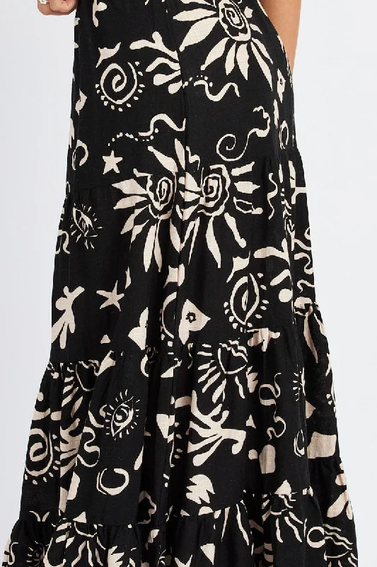 Black Abstract Maxi Skirt High Rise Linen Blend