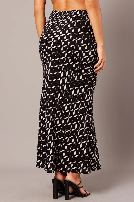 Black Geo Slip Skirt Maxi Drawstring Waist