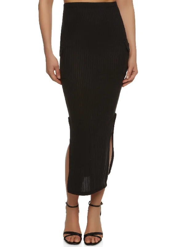 Ribbed Side Slit Cargo Skirt