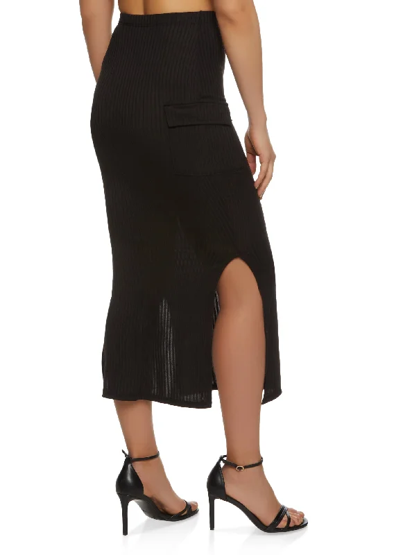 Ribbed Side Slit Cargo Skirt