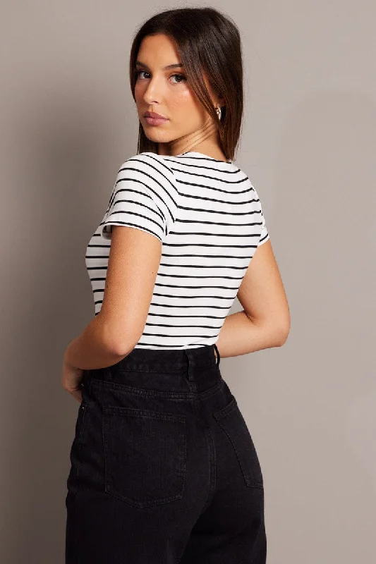 Black Stripe Bodysuit Short Sleeve Crew Neck Supersoft