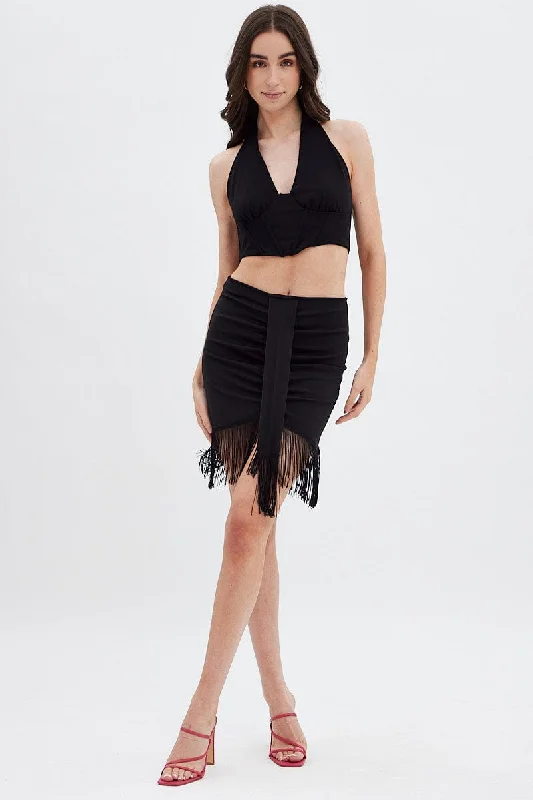 Black Tassels Ruched Mini Skirt