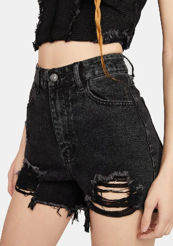 Black Wash Distressed Denim Mom Shorts