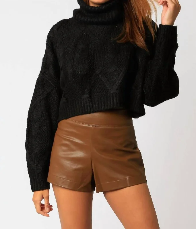 Cable Knit Cropped Turtleneck Sweater In Black