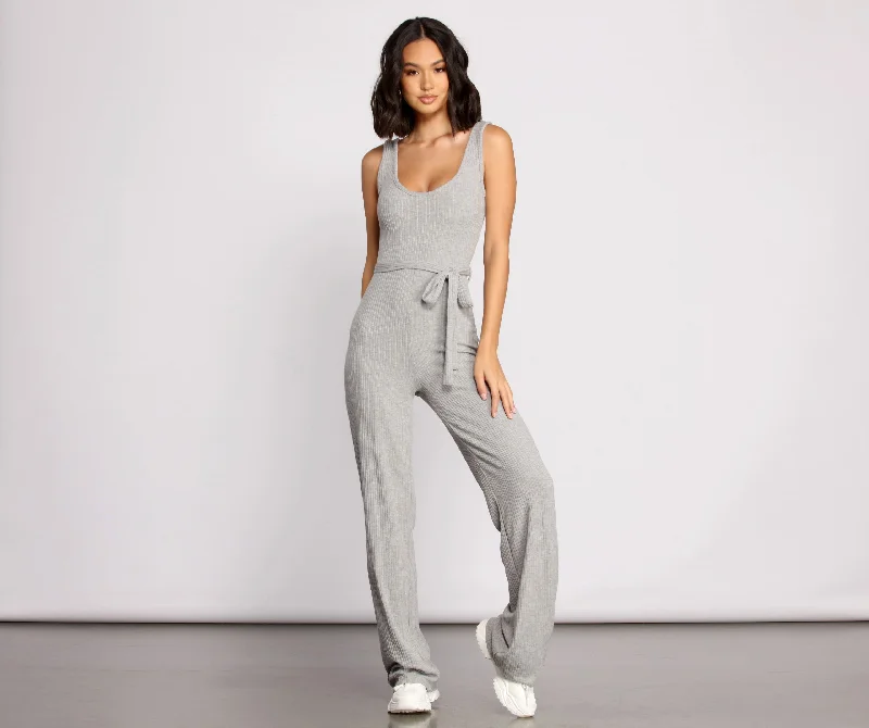 Casual and Chic Ribbed Tie Waist Jumpsuit