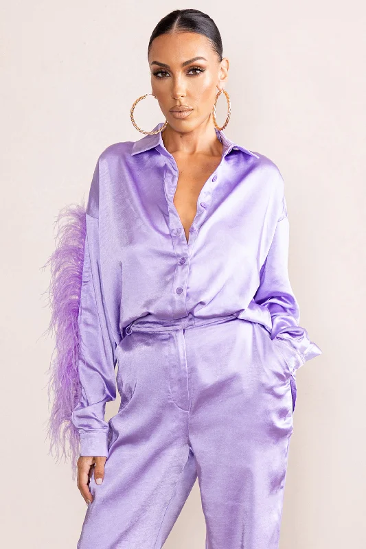 Catch My Eye | Lilac Feather Sleeve Satin Shirt