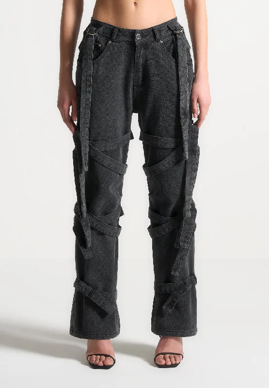 Denim Strap Cargo Jeans - Washed Black