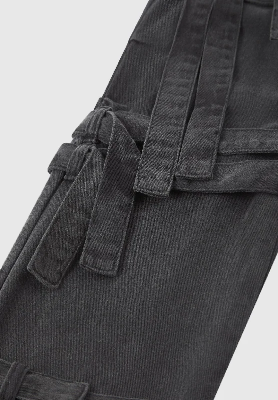 Denim Strap Cargo Jeans - Washed Black