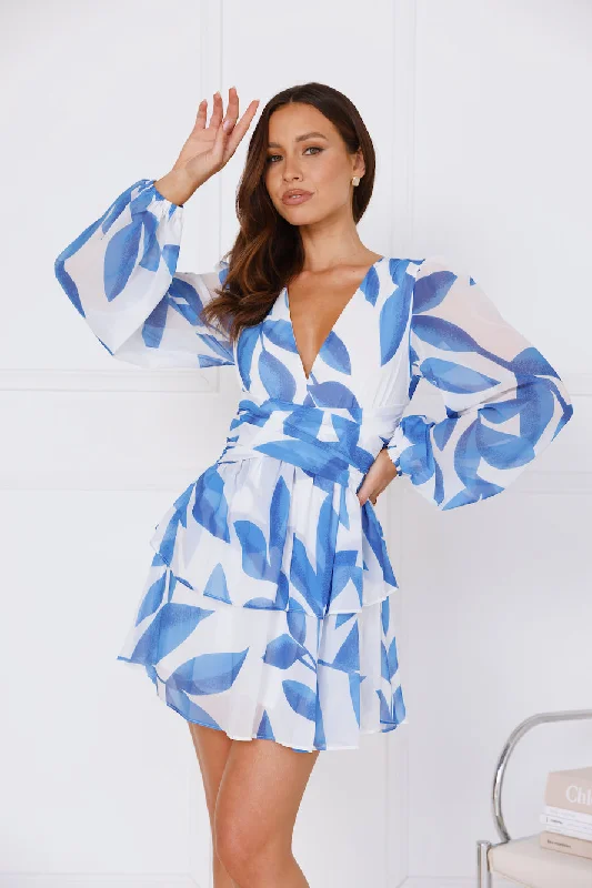 Dreamy Destinations Long Sleeve Mini Dress Blue