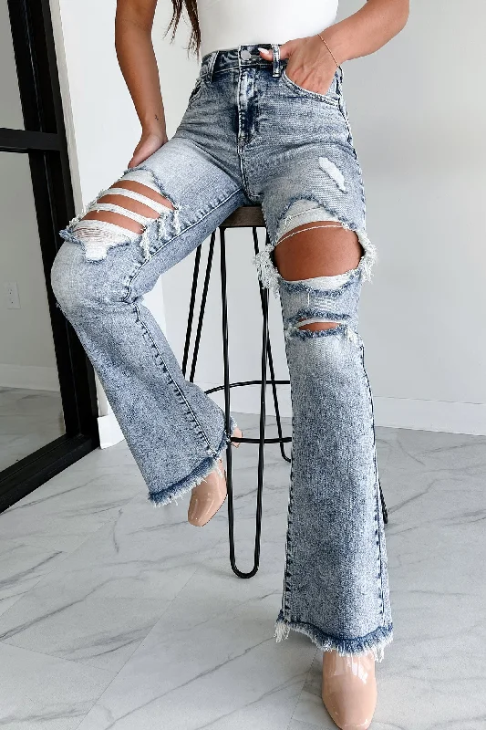 Evangeline High Rise Distressed Risen Flare Jeans (Medium Acid)